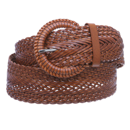 Beltiscool 2 Inch Wide Genuine Leather Braided Woven Round Belt, Light Tan | M/L - 36" (End to End 41")