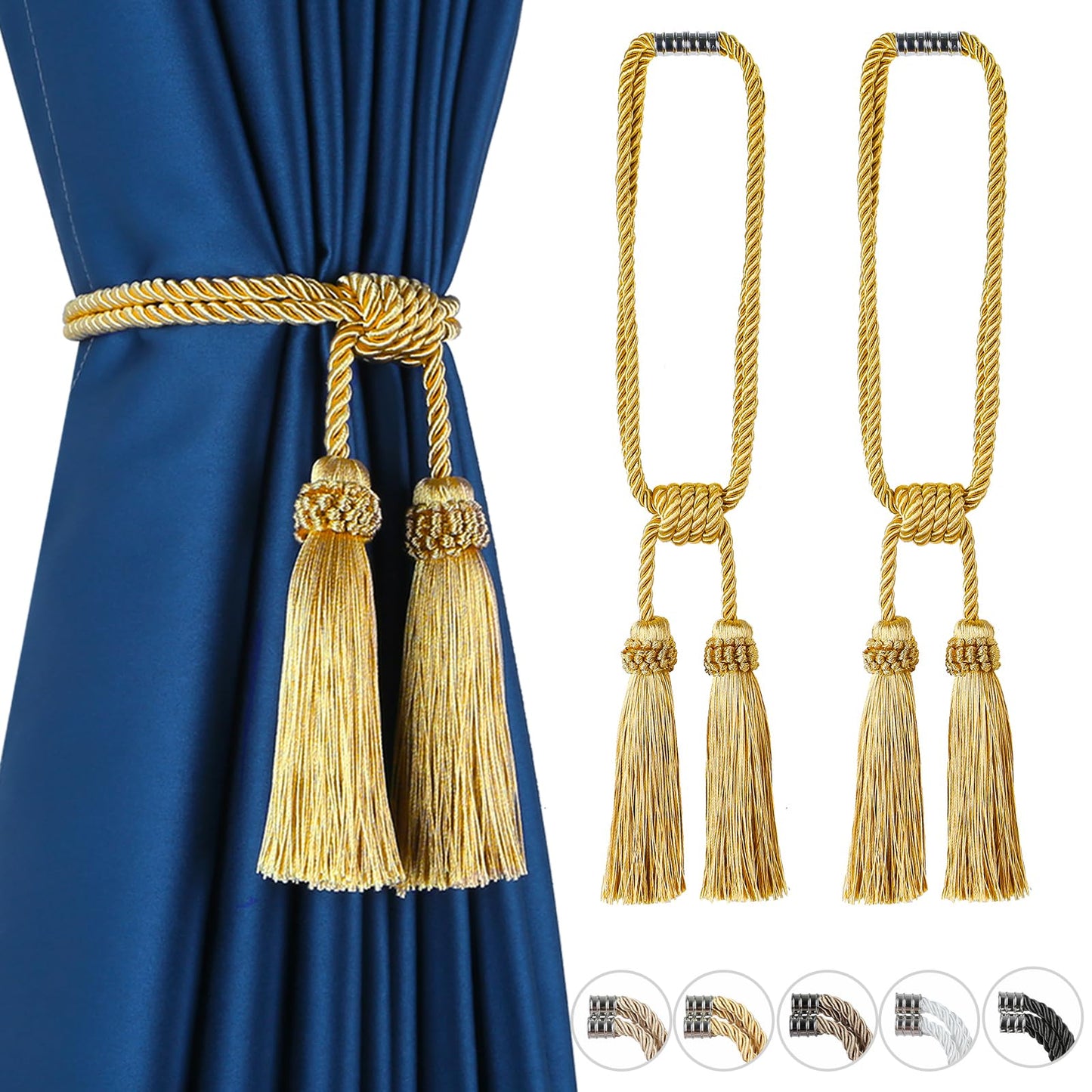 Fenghuangwu Magnetic Curtain Tiebacks 2 Pack Tassel Curtain Tieback Modern Handmade Tie Backs,Decorative Tassel Holdback for Draperies,Window Decor（Gold）