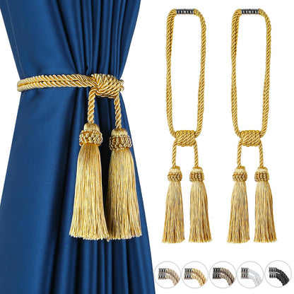 Fenghuangwu Magnetic Curtain Tiebacks 2 Pack Tassel Curtain Tieback Modern Handmade Tie Backs,Decorative Tassel Holdback for Draperies,Window Decor（Gold）