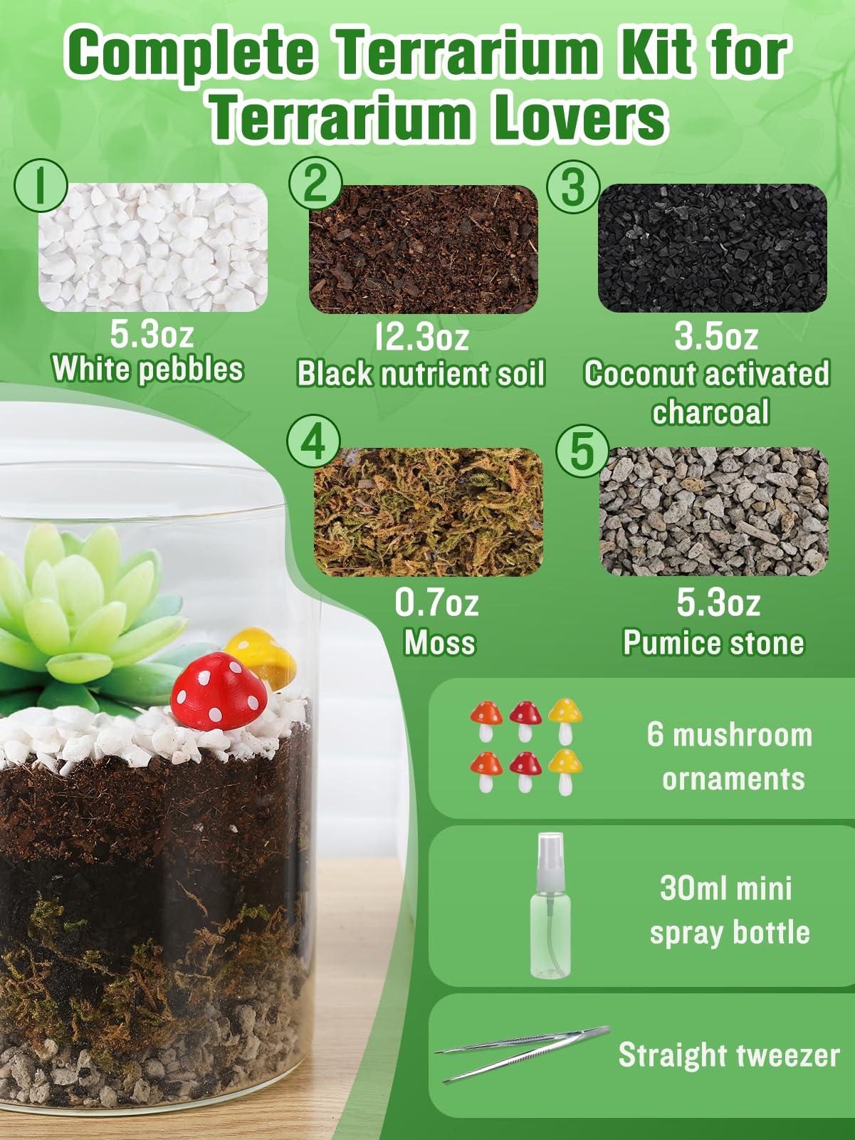 Terrarium Kit Adults - Includes Pumice, Moss, Soil, Pebbles, Charcoal, 2 Tools, Mushroom Ornaments for Succulent Cactus, Terrarium Accessories Decor Gifts for Starter Women