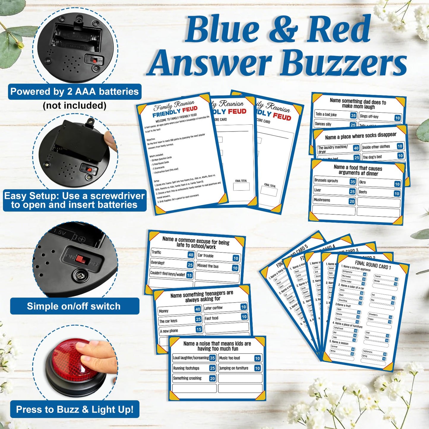 Xminc Family Feud Game for Adults and Kids with 2 Buzzers, Fun Trivia Quiz Card Game for Family Game Night, Holiday Gathering, Party & Team Building, Interactive Board Games for Group Activities
