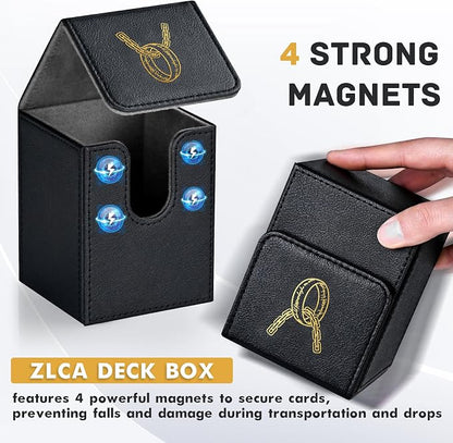 ZLCA Card Deck Box for MTG with 2 Dividers, Card Storage Box Fits 100+ Single Sleeved, PU Leather TCG Deck Case Holder for Magic Commander Yugioh (Black,Ring)