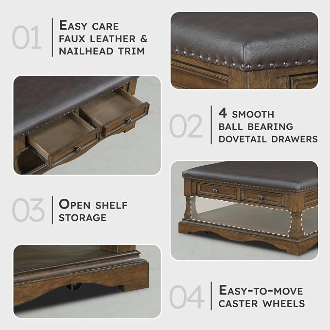 Lexicon 39 Inch Wood Coffee Table with 4 Drawers, Lower Open Shelf, Casters, Square Ottoman Coffee Table, Faux Leather Cocktail Ottoman, Nailhead Trim, Footrest for Living Room, Easy Assembly, Brown