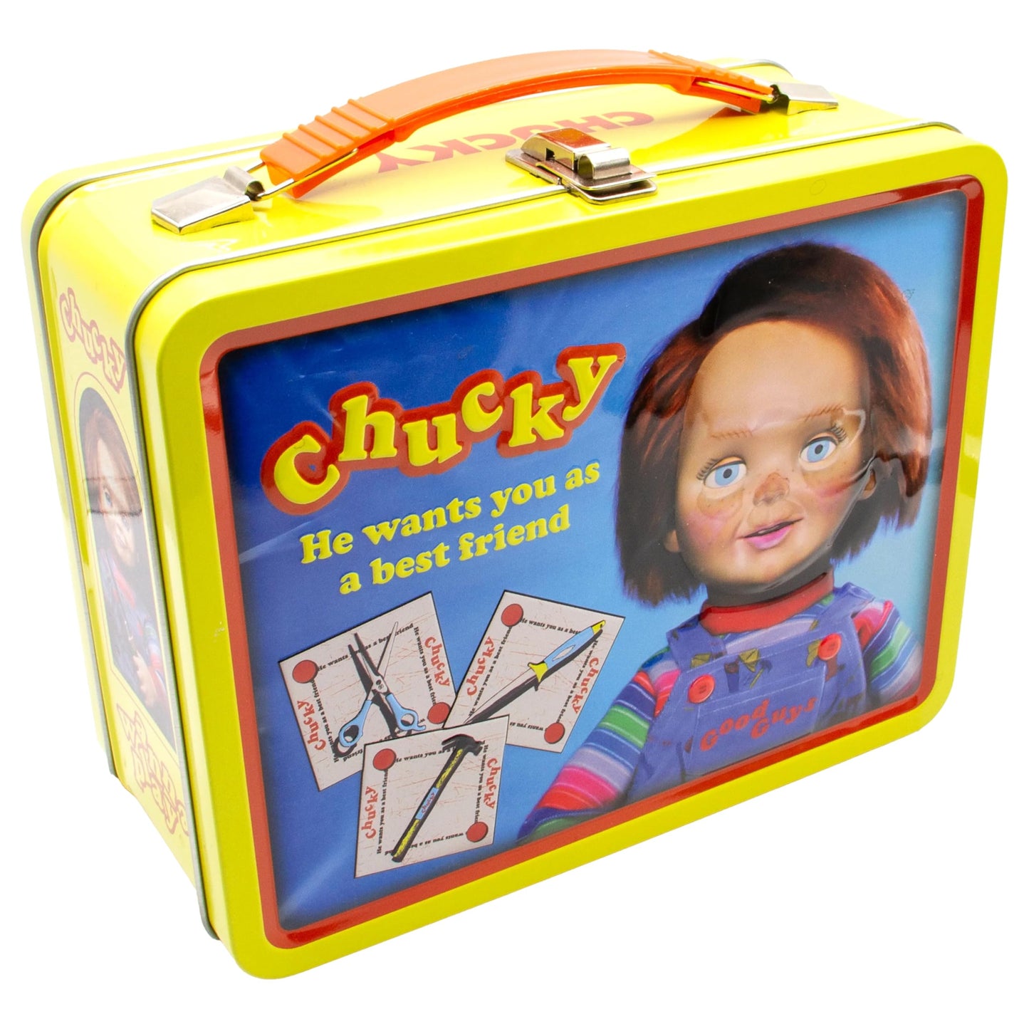 AQUARIUS Chucky Fun Box - Sturdy Tin Storage Box with Plastic Handle & Embossed Front Cover - Officially Licensed Child's Play Merchandise & Collectible Gift for Kids, Teens & Adults