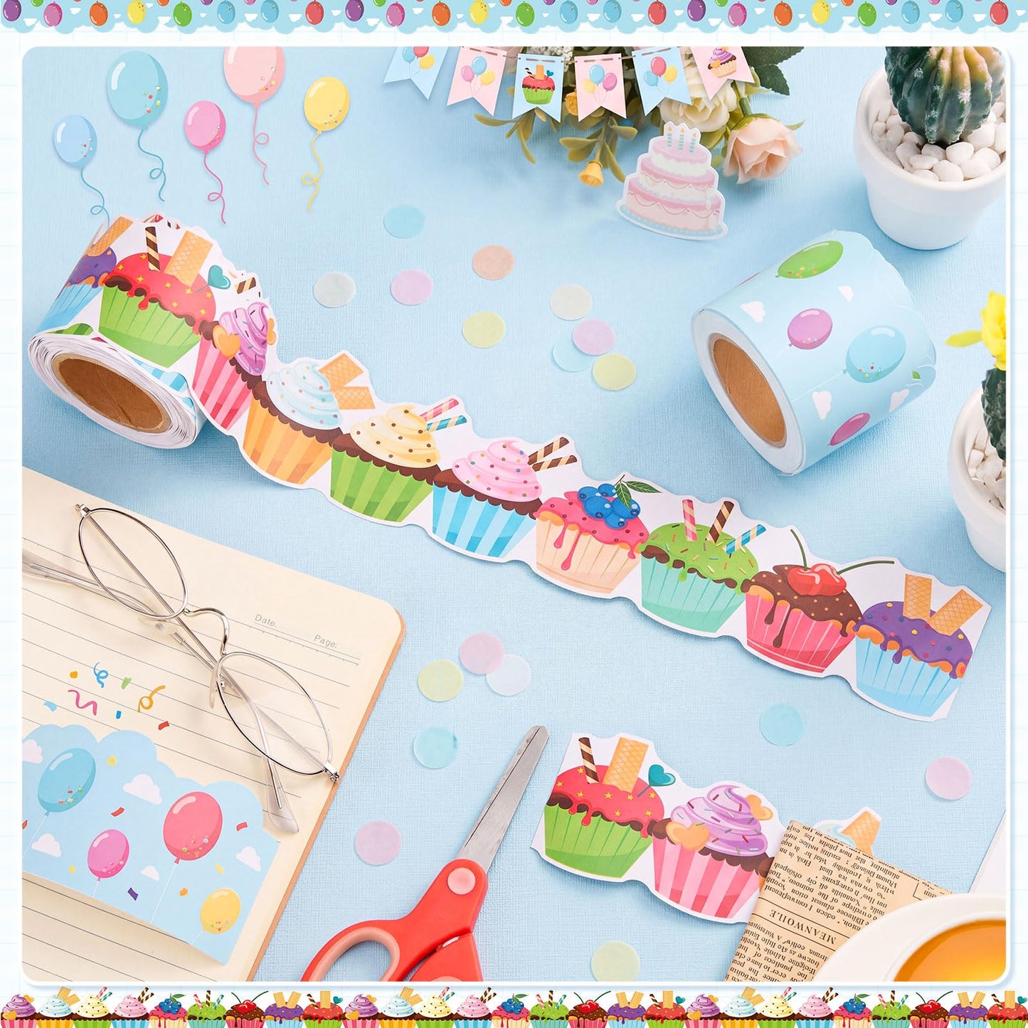 Trandraft 2 Rolls 65.6ft Balloons Cupcake Border Bulletin Board Decorations for Birthday Back to School Themed Party Classroom Decor School Home Office Chalkboard Wall Decors