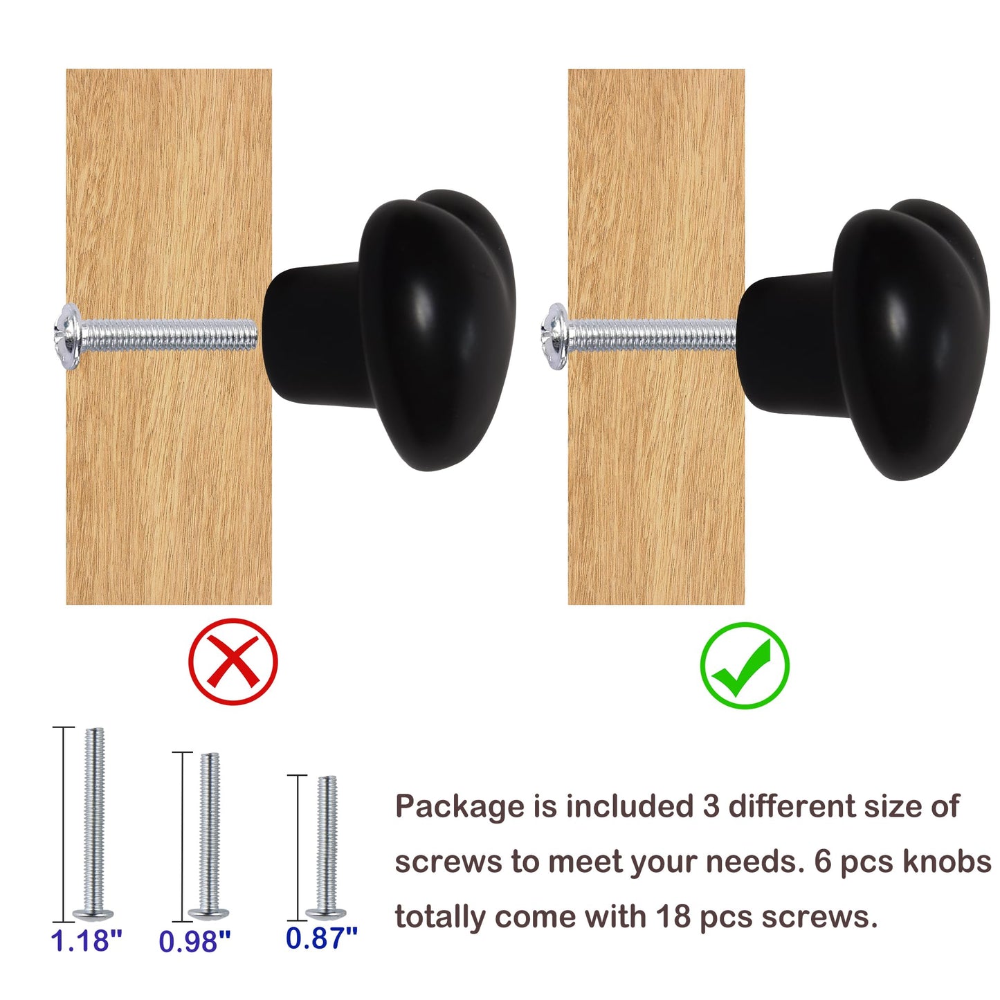 Perphin Ceramic Drawer Knobs Heart Shape Cabinet Dresser Pulls Handles with 3 Sized Screws, Kitchen Furniture Knobs for Closet Cupboard Wardrobe (6, Black)