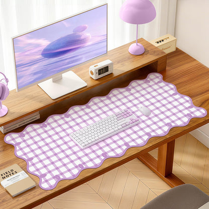 Leather Desk Pad, Desk Mat Mouse Pad, Non-Slip Mousepad Waterproof PU Table Cover Blotter for Computer Laptop Extra Large Keyboard Mat for Women Girl Office Home Dorm,Pink Scalloped Checkered