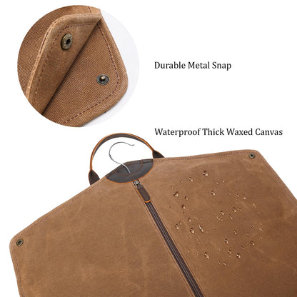 Polare 43” Waxed Canvas Full Grain Leather Trim Garment Bag for Travel, Large Carry on Business Suitcase Cover with YKK Zipper, Waterproof Hanging Suit Garment Cover with Handles,1 pack(Brown)