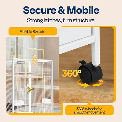 VIVOHOME 30 Inch Height Wrought Iron Bird Cage with Rolling Stand for Conures Lovebirds Cockatiels Finches, White