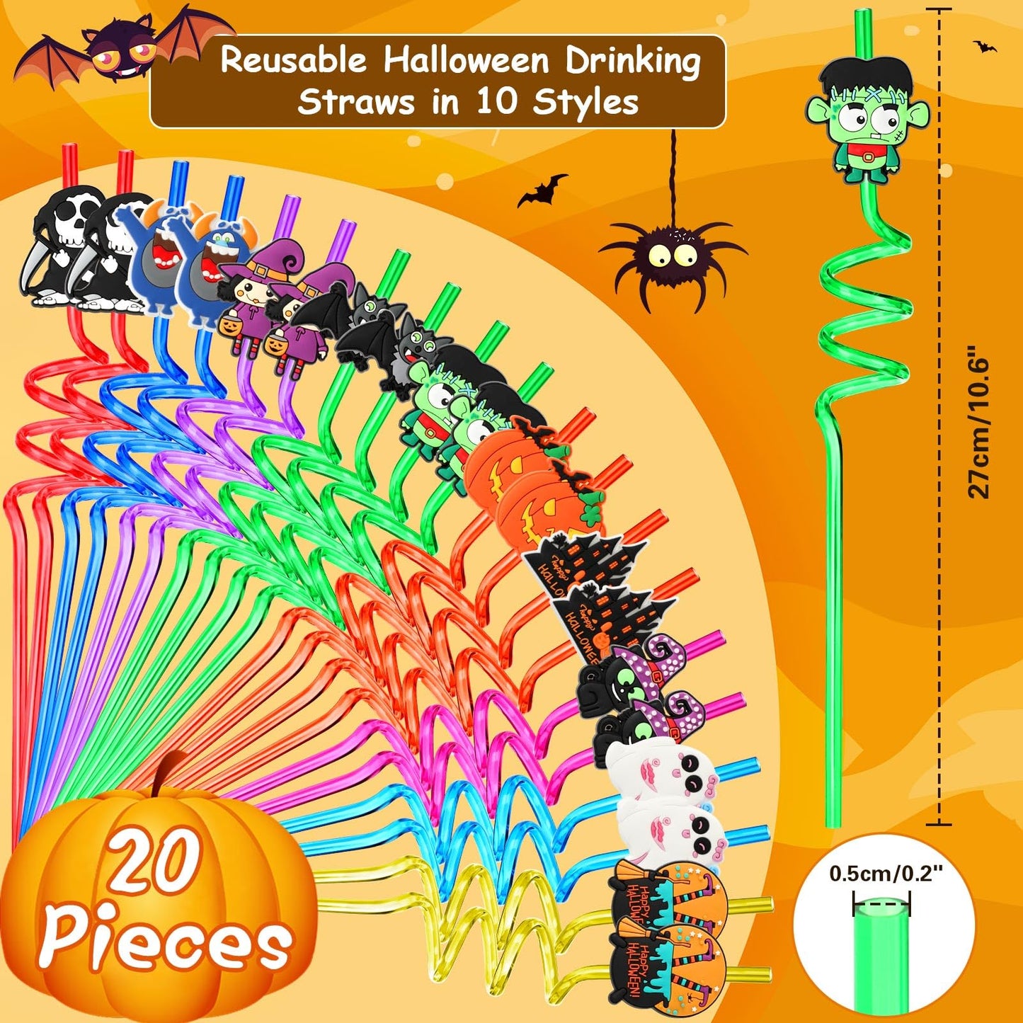 JANYUN Halloween Straws, 20 Pcs Reusable Plastic Crazy Straws Halloween Party Favors Cute Bats Pumpkin Cat Ghost Drinking Straws Halloween Party Supplies（10 Styles）