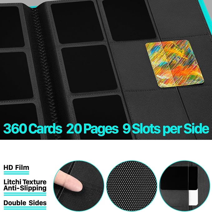 【2026】Trading Card Binder 9 Pocket, Premium Sports Collection Binder Game Cards Book with Sleeves Side Loading, Anti-open Strap Double Sided Waterproof 360 Card Folder
