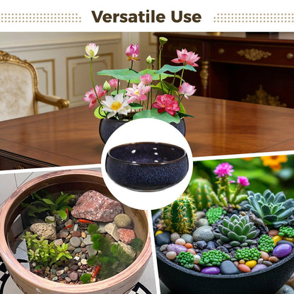 NIMBLOOM Ceramic Lotus Bowl Planter, Shallow Glazed Bonsai Pot for Water Plants, Blue Wide Dish Vase for Lotus Seeds Water Lily, Succulents and Hydroponic Arrangements, Tabletop Decor