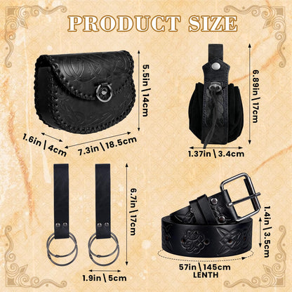 Renaissance Belt Pouch Waist Bag Set - Medieval Viking Pirate Coin Purse Skirt Hike for LARP Halloween Cosplay Accessories (Black)
