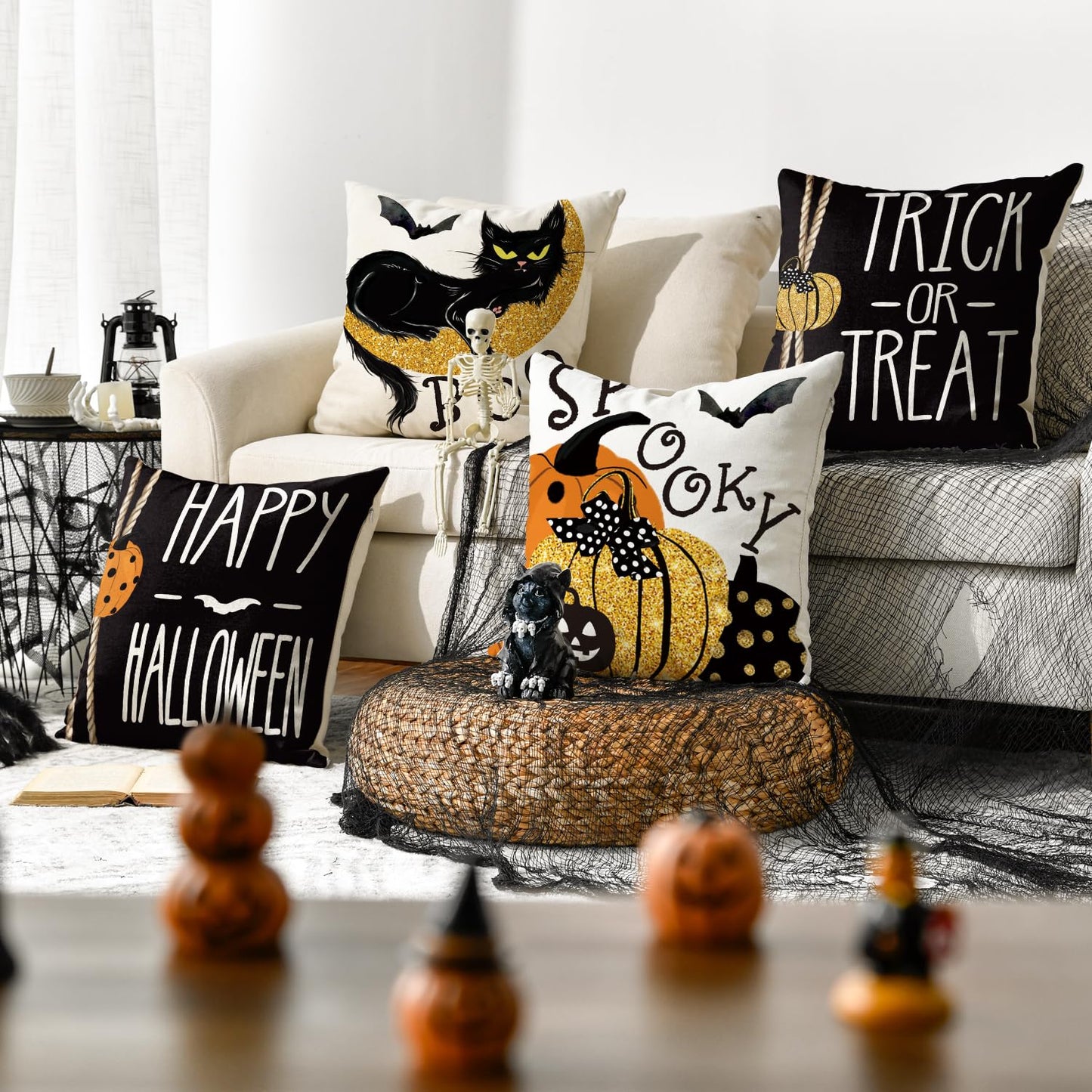 AVOIN colorlife Happy Halloween Boo Black Cat Trick or Treat Throw Pillow Covers, 18 x 18 Inch Spooky Pumpkin Bat Cushion Case for Sofa Couch Set of 4