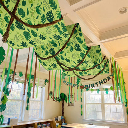 Feifeiya 3 Pcs 36 ft Jungle Theme Party Decor 2026 Vbs Decorations Tropical Forest Palm Leaves Rainforest Safari Jungle Ceiling Banner Party Hanging Decor for Vbs Sunday School Classroom
