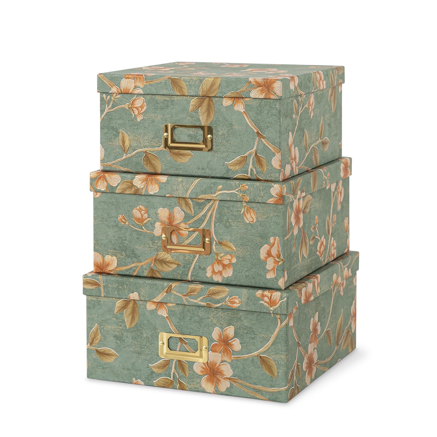 Soul & Lane Decorative Cardboard Storage Boxes - Set of 3 Square Stacking Boxes with Lids and Gold Label Holders, Nesting Photo Storage for Decor and Organizing, Botanical Sage
