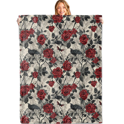 MIEPOS Gothic Rose Crow Throw Blanket, 50x60in, Soft, Lightweight Flannel,Dark Floral Halloween Throw with Red Rose Raven Bat Blankets, Horror Gifts, for Goth Home Living Room Decor