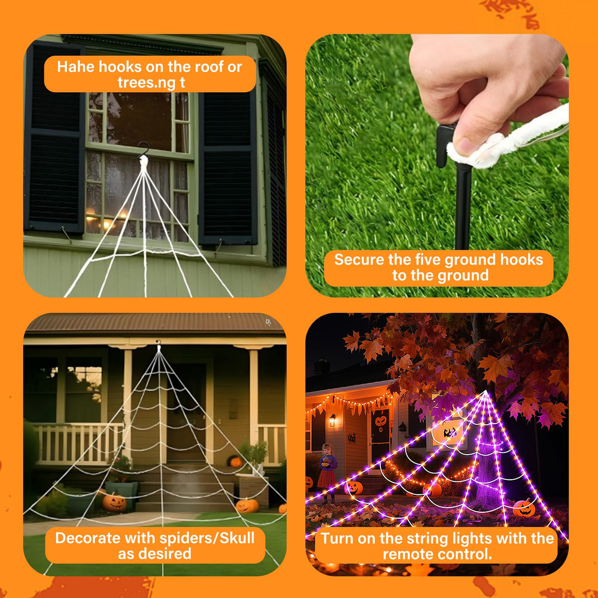 Halloween Spider Giant Web Lights: 350 LED Lighted Giant 23 Ft Halloween Decorations Light up with 8 Lighting Modes Outdoor Indoor Yard House Decor, Purple & Orange (350LED 23FT Giant Spider Web)