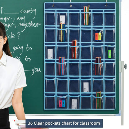 SAVERHO 36 Clear Pockets Classroom Pocket Chart for Cell Phone and Calculator Holder, Door Hanging Pocket Chart for Classroom Phone Holder with Number Sticker and Hooks (Blue)