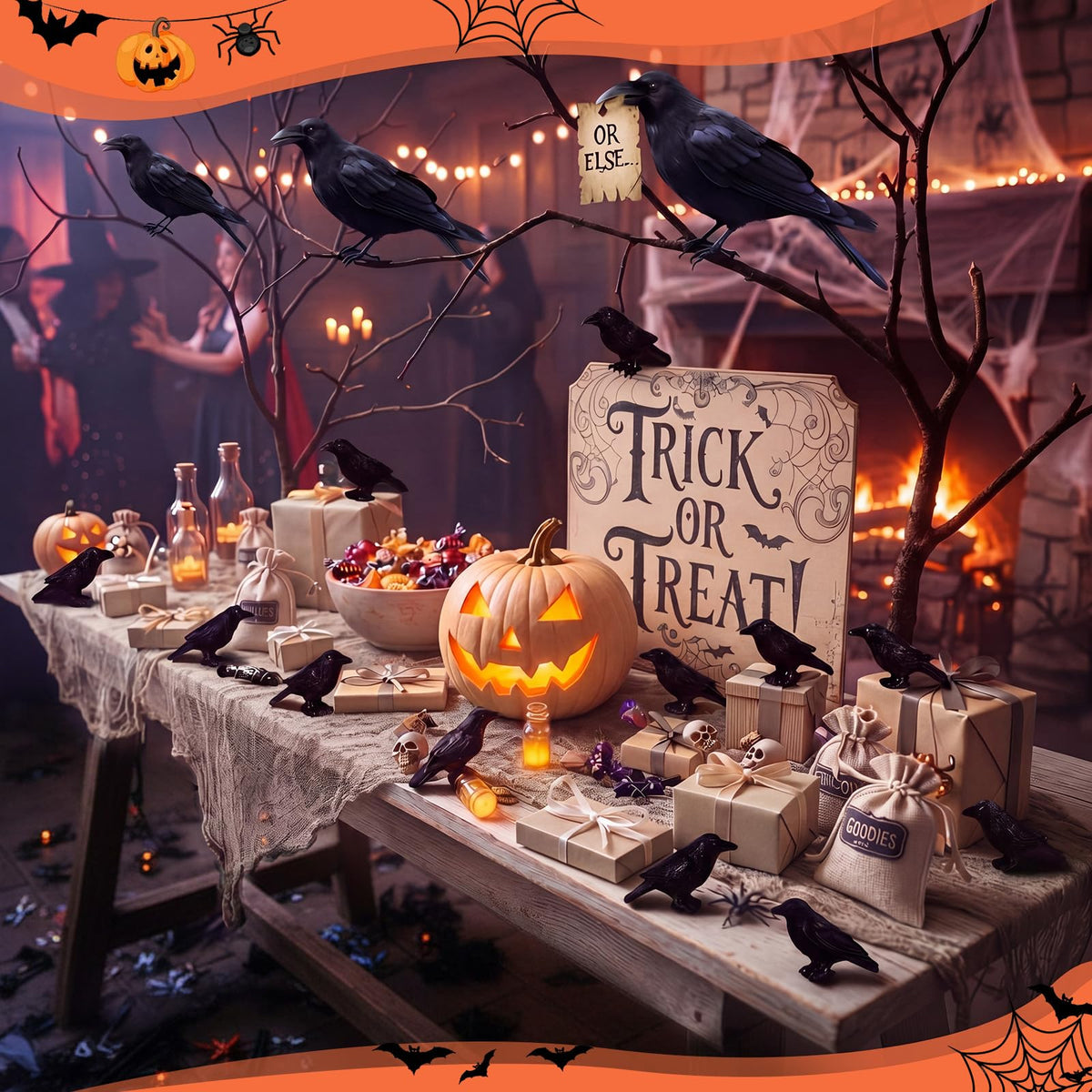 RoundFunny 50 Pcs Miniature Resin Crows Mini Halloween Figurines, Small Black Raven Halloween Bird Figures to Hide Tiny Raven Decor Black Crows Gothic Miniature for Micro Landscape Craft Party Favors