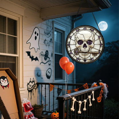 CRISGIF Stained Glass Window Hanging - Halloween Scary Skull Suncatcher for Doors Garden Home Spooky Purple Skeleton Key Sun Catchers Gothic Decor Horror Gifts for Women Men Friend Boy Girl 7.8 in