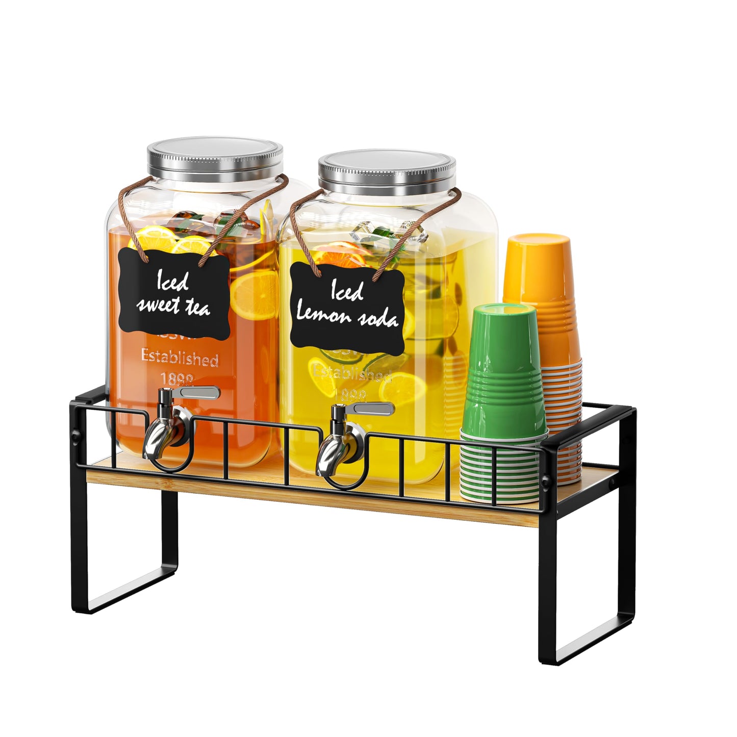 Zuyachuza 2-pack 1 Gallon Drink Dispenser,Glass Beverage Dispenser with Spigot,Lemonade dispenser Bamboo Stand for Outside, Glass Drink Dispensers for Parties with Ice Core