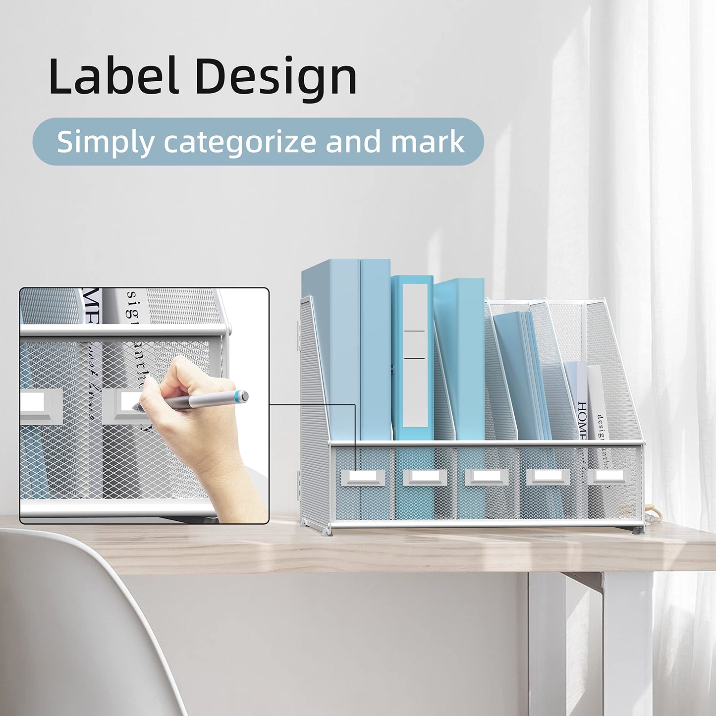 SUPEASY Desk Organizers Metal Desk Magazine File Holder with 5 Vertical Compartments Rack File Organizer for Office Desktop, Classroom, Home Workspace, White
