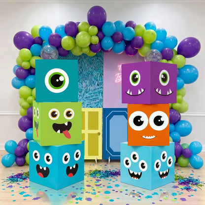 Foilswirl 6 Pcs Monster Birthday Party Decoration Cartoon Big Party Favor Boxes Blue Purple Theme Decor Monster Large Treat Candy Cookie Boxes 11.8'' x 11.8'' for Birthday Baby Shower Photo Booth Prop