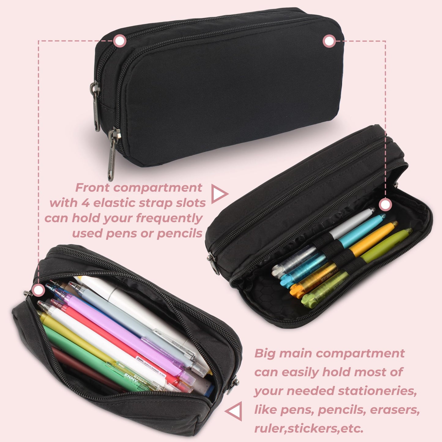 Della Gao Large Pencil Case, Big Capacity Pencil Pouch with 2 Compartments, Office Pencil Bag with Zipper, Big Pen Case for Adults (01-Black)