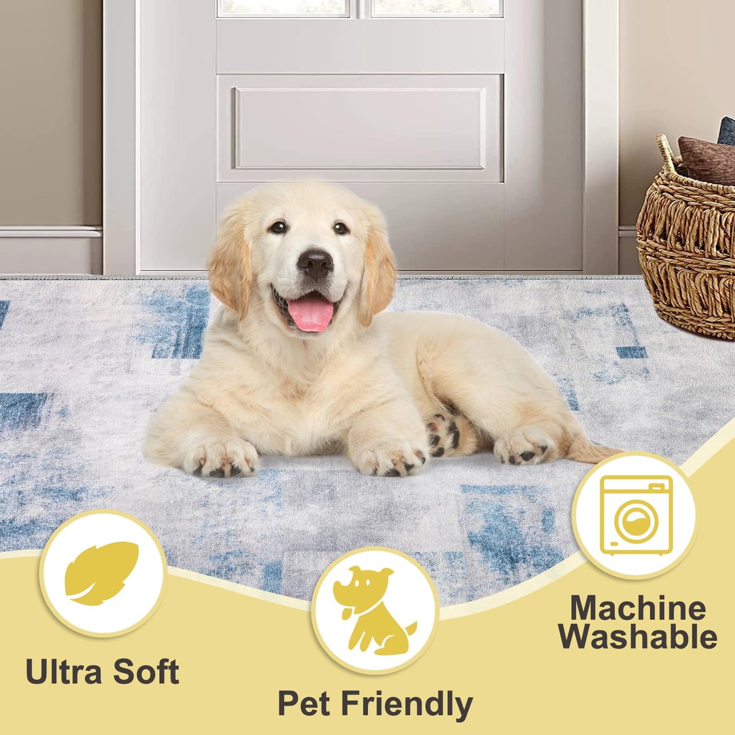COMSLE Door Mat, Front Door Mat Indoor for Entrance Faux Wool Absorbent Non Slip Modern Throw Rug for Entryway Bedroom Muddy Paws - Pet Friendly, 47x71 Inches,Square Blue Machine Washable
