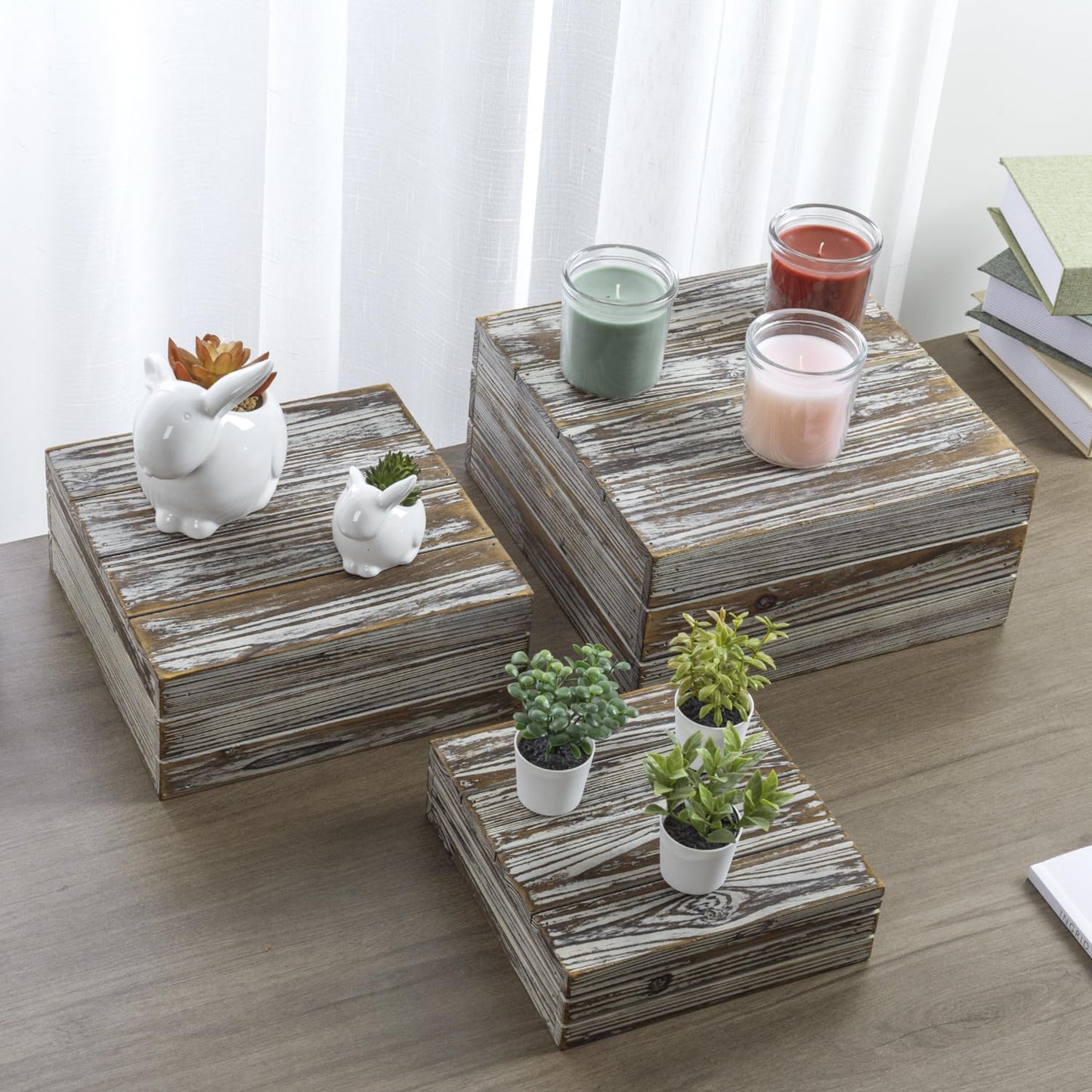 MyGift 3 Piece Rustic Solid Torched Wood Dessert Cake and Cupcake Stand, Decorative Box Display Risers