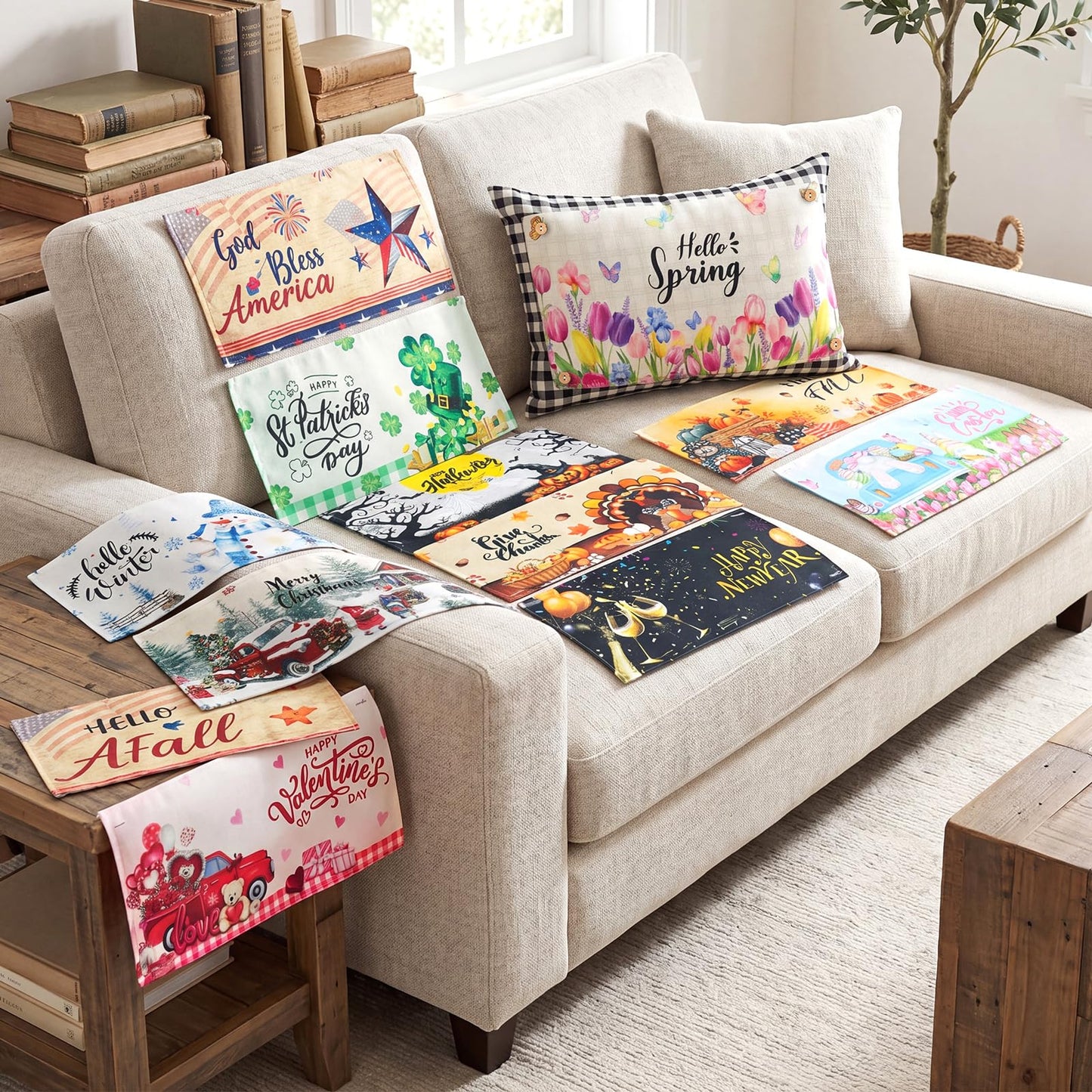Chicplaid 4th of July Throw Pillow Cover Set 12 x 20 Inch Rectangle Seasonal Holiday Plaid Pillowcase with 12 Interchangeable Pillow Panels Patriotic Lumbar Cushion Cover for Home Decor(Classic)