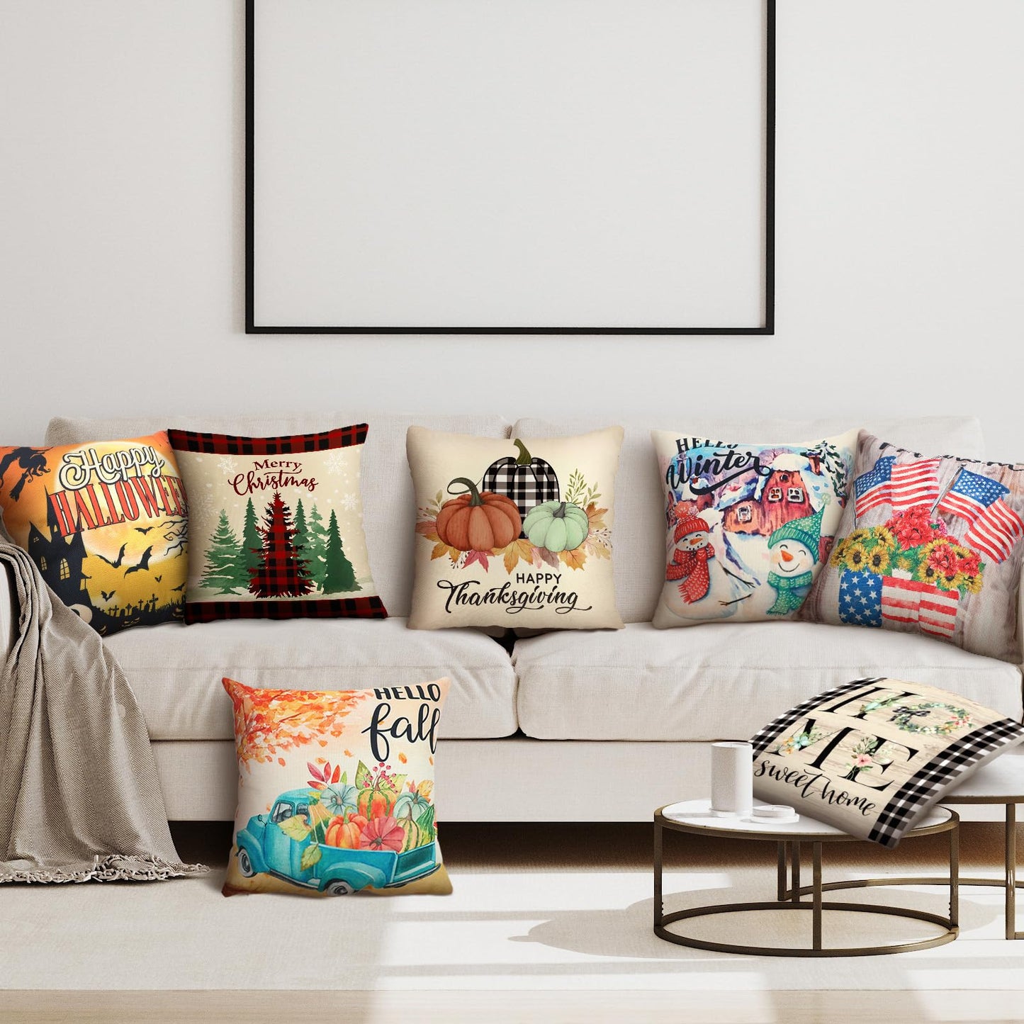 Newwiee 12 Sets Holiday Pillow Covers 18 x 18 Inch Easter Spring Seasonal Throw Pillow Covers Square Canvas Pillowcase for Spring Summer Home Office Farmhouse Bench Couch Holiday Sofa Decor(Classic)