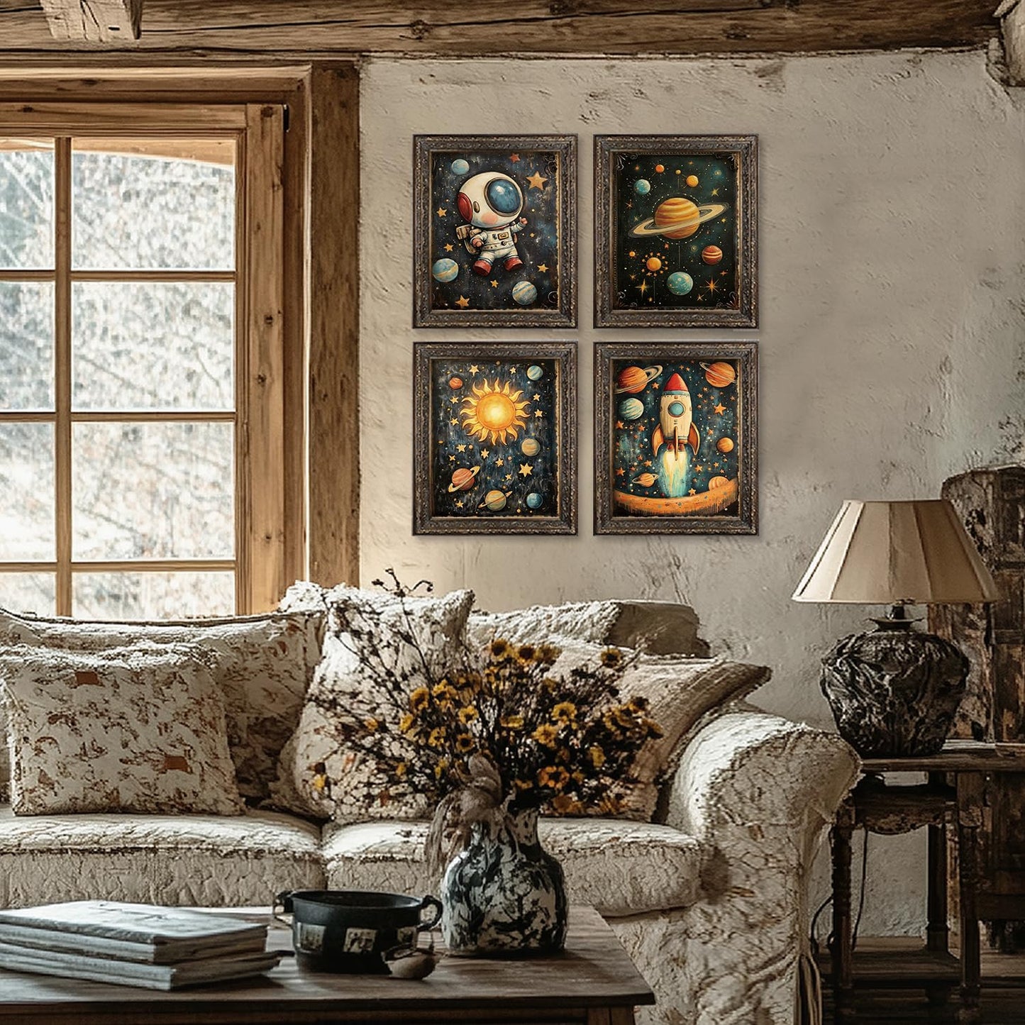 Locomiss Space Nursery Wall Art Decor, Space Solar System Planets Rocket Astronaut Galaxy Prints Posters for Kids Boy Nursery Room Bedroom Playroom Wall Decor, Set of 4, 8x10 Unframed
