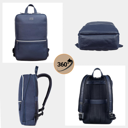 LEATHER VILLAGE Leather Laptop Backpack for Men | Blue | Slim Professional Business Bag Fits 15.6”-Laptop | Water-Repellent Work & Travel Daypack with Trolley Strap