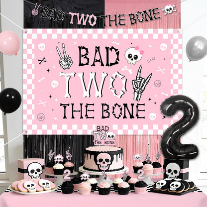 kreat4joy Bad Two The Bone Party Decoration Pink, Skeleton Theme Backdrop Banner Cake Cupcake Topper Table Cloth Hat Fringe Curtain Latex Balloon Garland Arch Kit for Girl 2nd Birthday Decoration