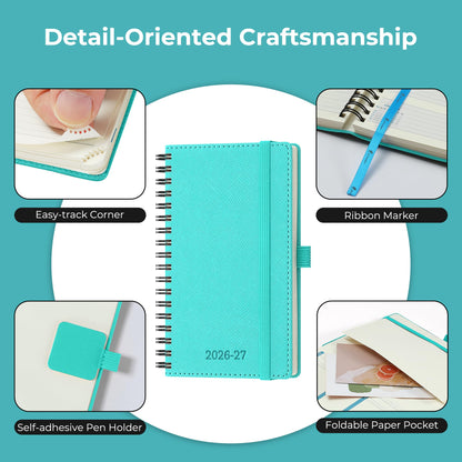 IN-LUXPRO Planner 2026-2027 Daily Weekly and Monthly,6.5"x3.75",18 Months Spiral Bound Calendar Agenda with Self-adhesive Pen Holder,2026 Academic Plan with Vegan Leather Soft Cover,Light Blue