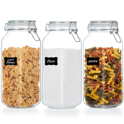 Vtopmart 78oz Glass Food Storage Jars with Airtight Clamp Lids, 3 Pack Large Kitchen Canisters for Flour, Sugar, Cereal, Coffee, Pasta and Canning, Square Mason Jars with 8 Reusable Labels