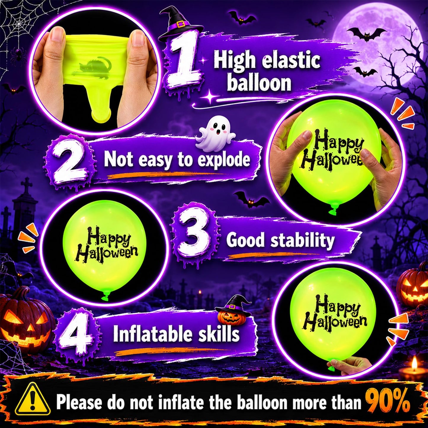 Junkin 80 Pcs Summer Halloween Neon Decoration Glow in The Dark UV Neon Balloons Blacklight Reactive Fluorescent Latex Balloon Pumpkin Ghost Witch Spider Halloween Glow Pool Birthday Party Supplies
