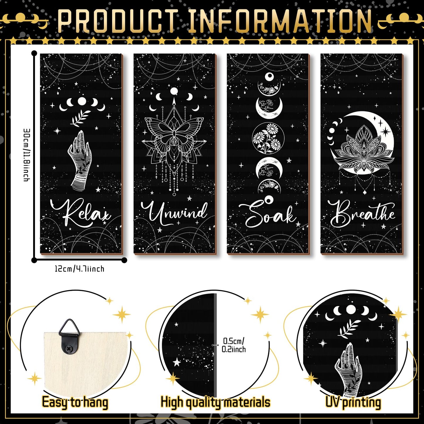 Qunclay 4 Pcs Moon Phase Wall Decor Rustic Boho Wall Art Gothic Witchy Hanging Wooden Ornament Farmhouse Moon Sign for Bedroom Living Room Home Decorations(Black,White)