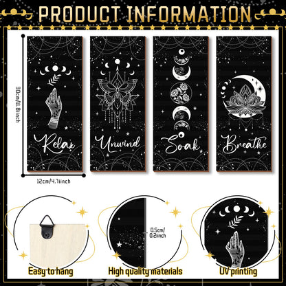 Qunclay 4 Pcs Moon Phase Wall Decor Rustic Boho Wall Art Gothic Witchy Hanging Wooden Ornament Farmhouse Moon Sign for Bedroom Living Room Home Decorations(Black,White)