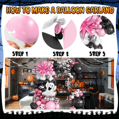 Halloween Balloon Arch Garland Kit, 129Pcs Black Spider White Eyes Bats Pink Metallic Silver Red Latex Balloons with Ghost Explosion Star Foil Balloons for Spooky Halloween Party Outdoor Decorations