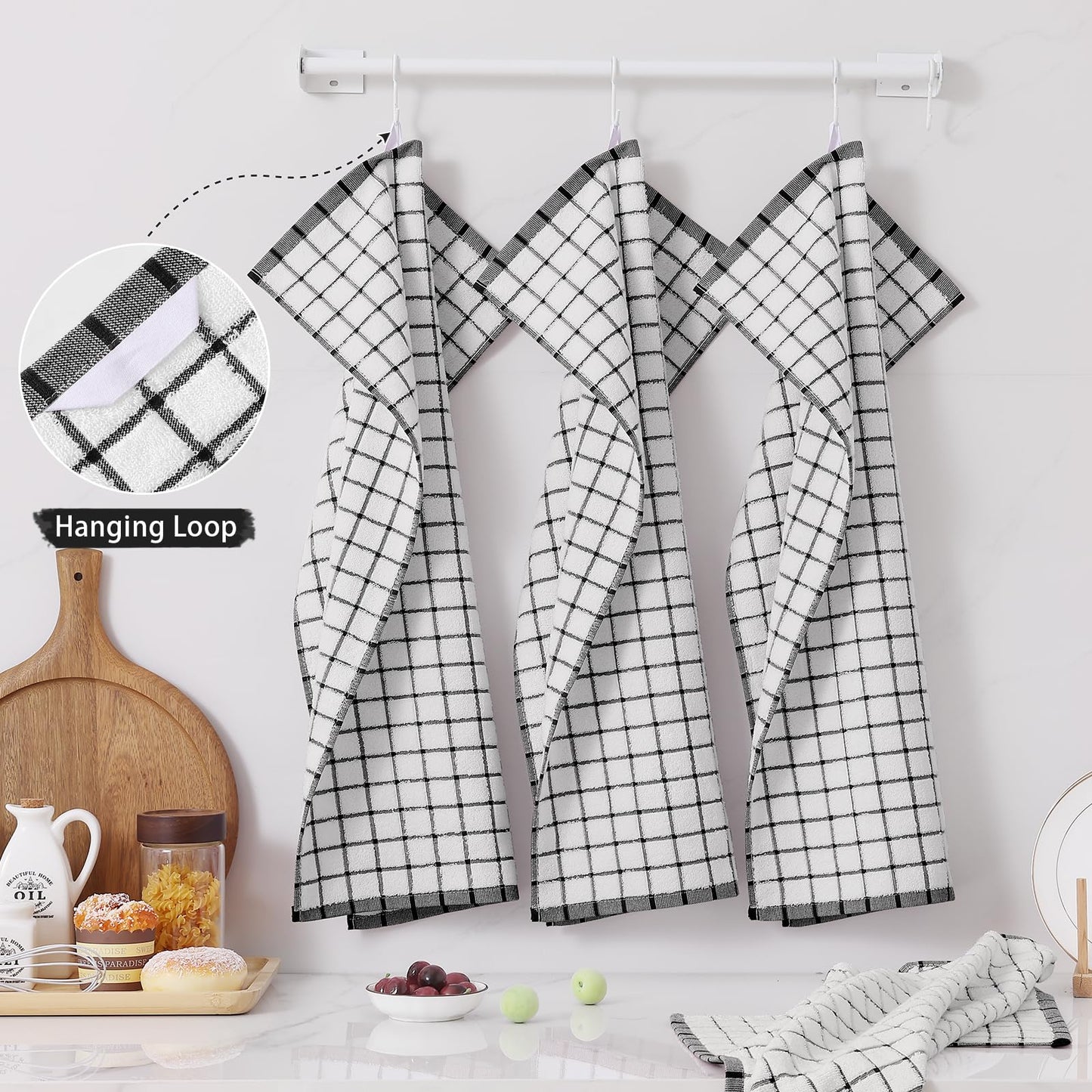 Homaxy Premium Kitchen Towels(16”x 28”, 6 Pack), Large Ring Spun Cotton Dish Towels, Super Absorbent Soft Terry Kitchen Hand Towels, Check Design Tea Towel Set with Hanging Loop, Black