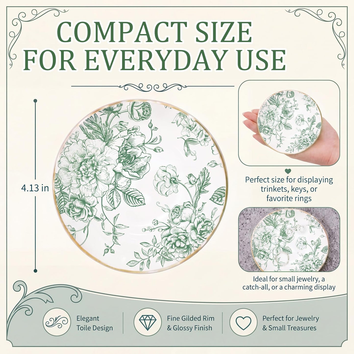 Mifoci Floral Ceramic Jewelry Tray Ring Holder Trinket Dish for Rings Earrings Necklaces Tray Gift for Women Girls(Green)