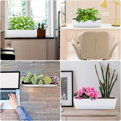 GREANER Window Boxes Planters with 100PCS 6inch White Plant Label, 3PCS 16x3.8 Inch Large Herb Planters with Tray, Indoor Succulent Cactus Flowers Vegetable Plastic Rectangle Pots for Balcony, Office,