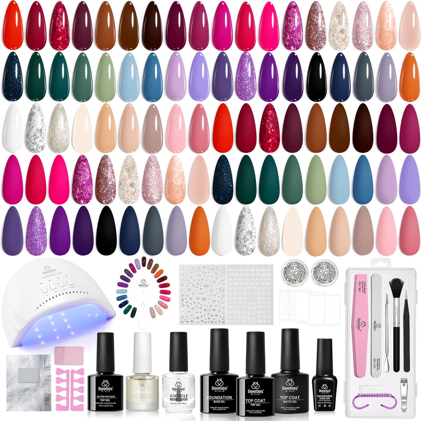 Beetles Gel Nail Polish Kit with U V Light -54 Pcs Gel Nail Kit Four Seasons Glow 32 Colors Set with Base Matte & Glossy Top Coat Soak Off Home DIY Manicure Nails Beginners Gifts for Women Teen Girls