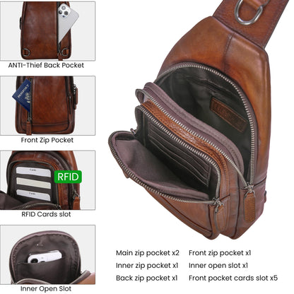 HESHE Leather Sling Bag for Women Crossbody Bags with Multi-Pocket Stylish Fanny Packs for Travel Chest Bag (Coffee)