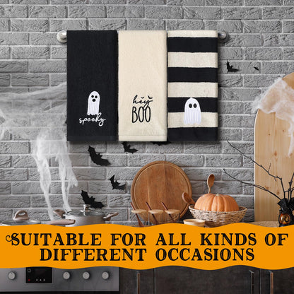 SmoothNovelty 3 Pcs Halloween Ghost Hand Towels for Bathroom Cotton Embroidered Rodeo Kitchen Towels 13.3" x 29.5" Rustic Gifts for Bath Shower Farmhouse Decors Housewarming Gift(Black)