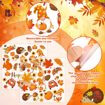 Motipuns 2 Sheet 64 Pcs Thanksgiving Gel Window Clings Fall Thick Gel Cling Removable Reusable Autumn Harvest Window Sticker Pumpkin Maple Leaves Gnome Decal for Glass Classroom Fall Party Decor