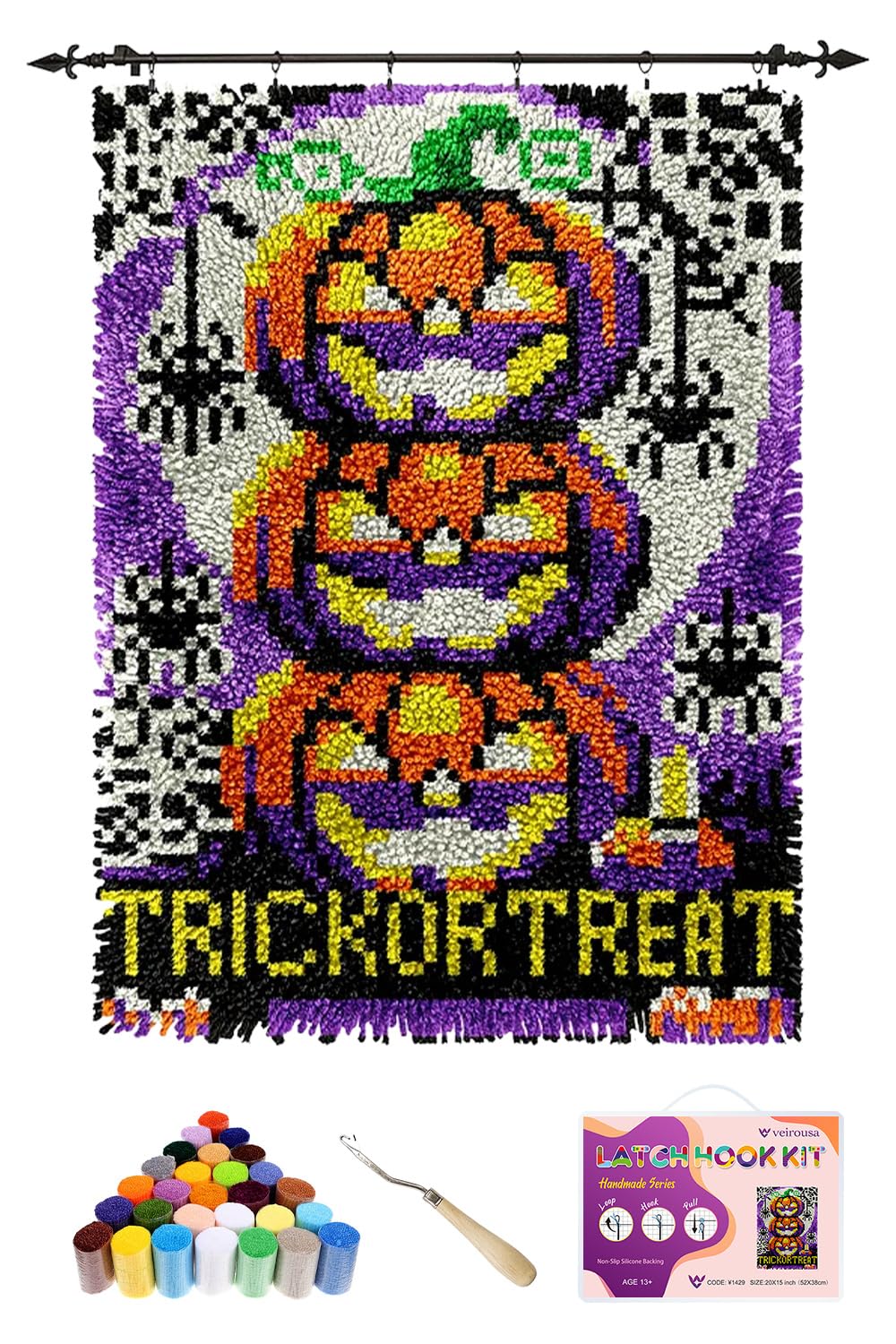 veirousa Halloween Jack O Lantern Latch Hook Kits for Adults Kids Beginners DIY Latch Hook Rug Kit Pre-Printed Hook and Latch Carpet Making Kits Cross-Stitch Wall Hanging Crochet Set 15x20 Inch